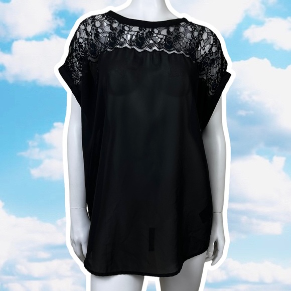 H&M Tops - H&M Semi-sheer Mesh Lace Yoke Batwing Top Black 14 Goth Punk Club Festival Y2K